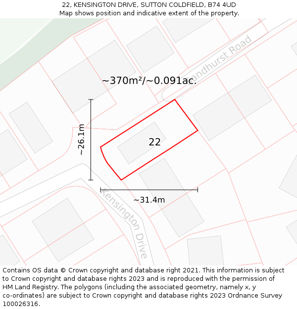 22, KENSINGTON DRIVE, SUTTON COLDFIELD, B74 4UD: Plot and title map