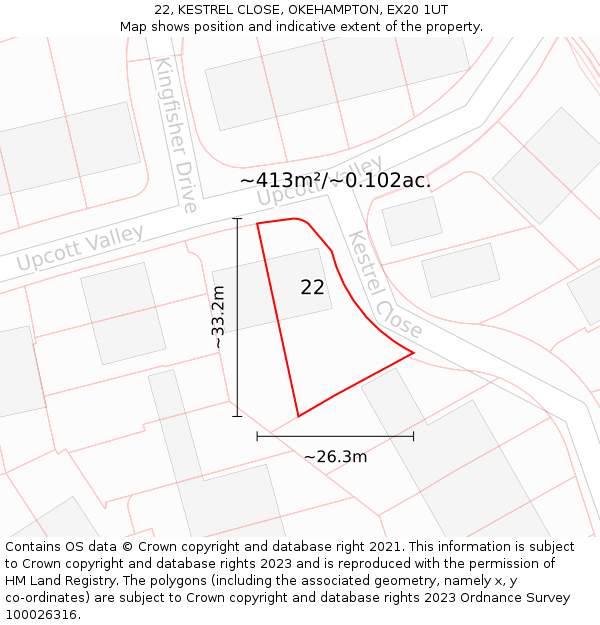 22, KESTREL CLOSE, OKEHAMPTON, EX20 1UT: Plot and title map