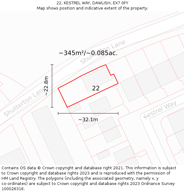 22, KESTREL WAY, DAWLISH, EX7 0FY: Plot and title map