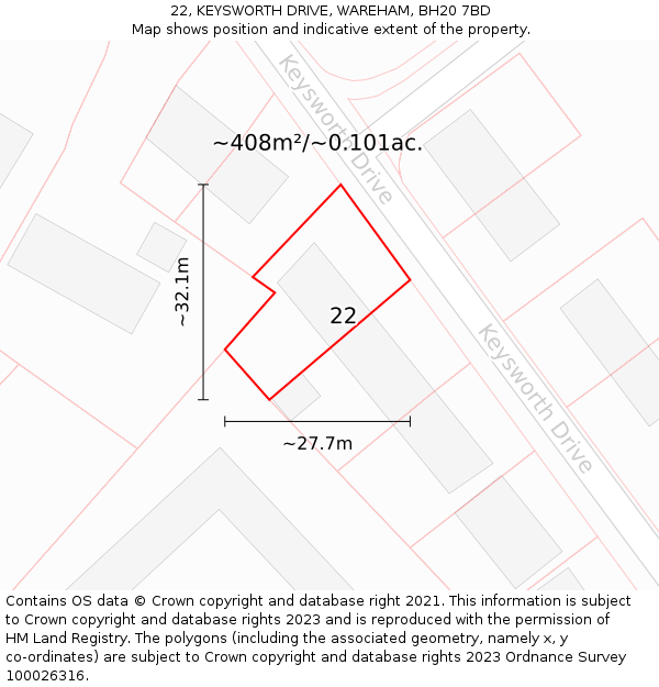 22, KEYSWORTH DRIVE, WAREHAM, BH20 7BD: Plot and title map