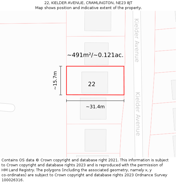 22, KIELDER AVENUE, CRAMLINGTON, NE23 8JT: Plot and title map