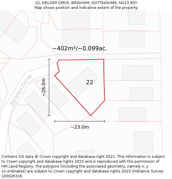 22, KIELDER DRIVE, BINGHAM, NOTTINGHAM, NG13 8SY: Plot and title map