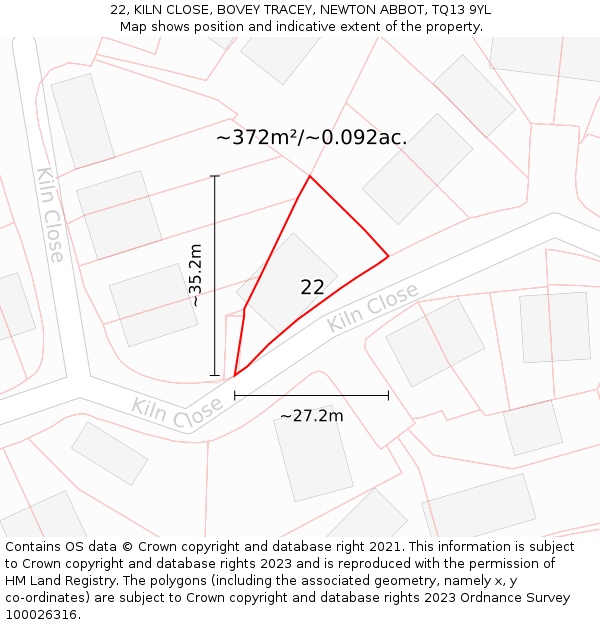 22, KILN CLOSE, BOVEY TRACEY, NEWTON ABBOT, TQ13 9YL: Plot and title map