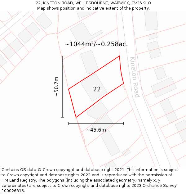 22, KINETON ROAD, WELLESBOURNE, WARWICK, CV35 9LQ: Plot and title map