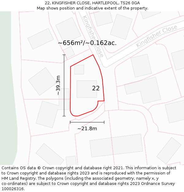 22, KINGFISHER CLOSE, HARTLEPOOL, TS26 0GA: Plot and title map
