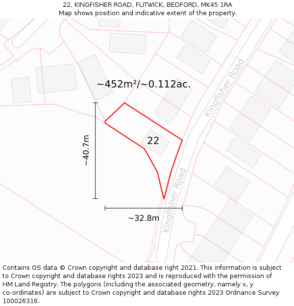 22, KINGFISHER ROAD, FLITWICK, BEDFORD, MK45 1RA: Plot and title map