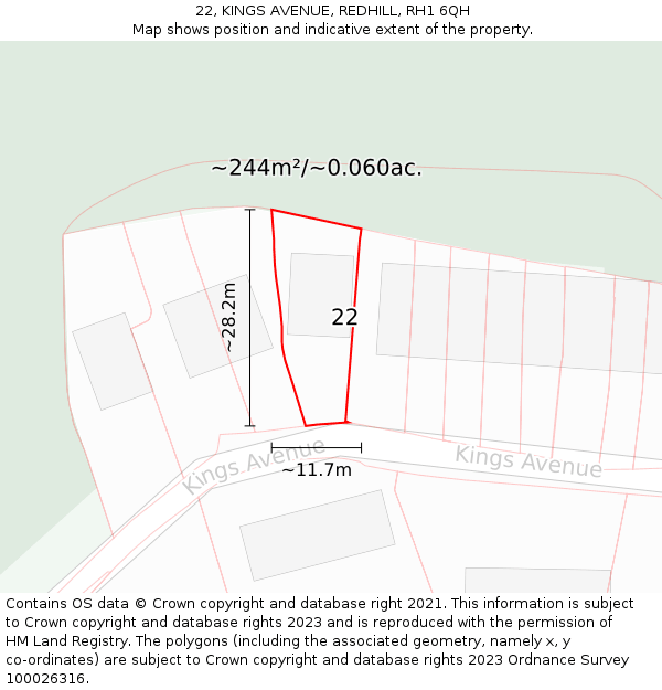 22, KINGS AVENUE, REDHILL, RH1 6QH: Plot and title map