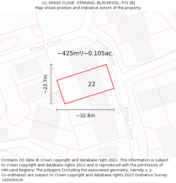 22, KINGS CLOSE, STAINING, BLACKPOOL, FY3 0EJ: Plot and title map