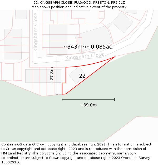 22, KINGSBARN CLOSE, FULWOOD, PRESTON, PR2 9LZ: Plot and title map