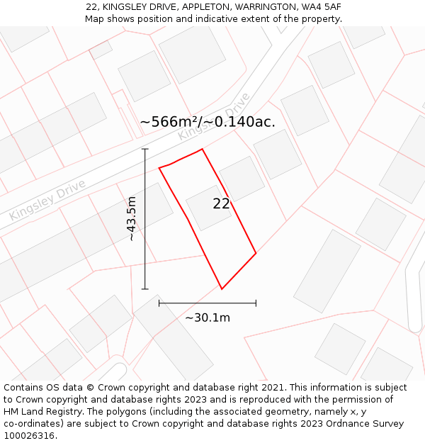 22, KINGSLEY DRIVE, APPLETON, WARRINGTON, WA4 5AF: Plot and title map
