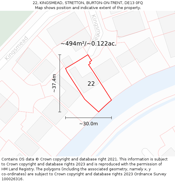 22, KINGSMEAD, STRETTON, BURTON-ON-TRENT, DE13 0FQ: Plot and title map