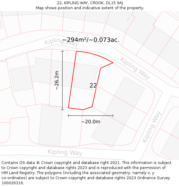 22, KIPLING WAY, CROOK, DL15 9AJ: Plot and title map