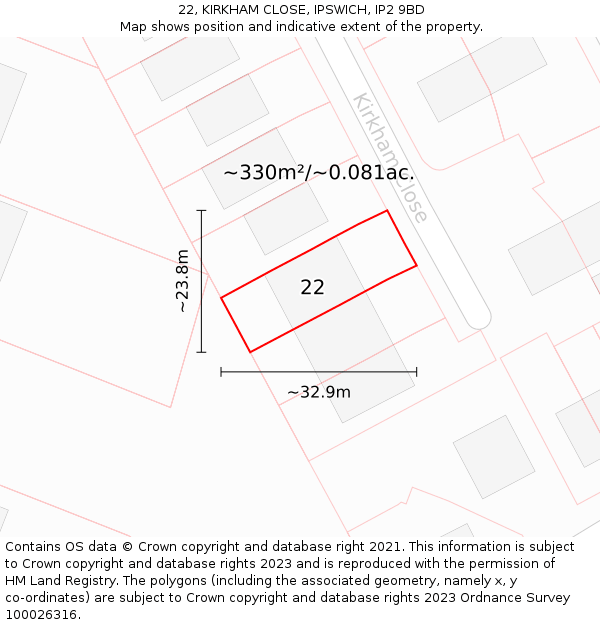 22, KIRKHAM CLOSE, IPSWICH, IP2 9BD: Plot and title map
