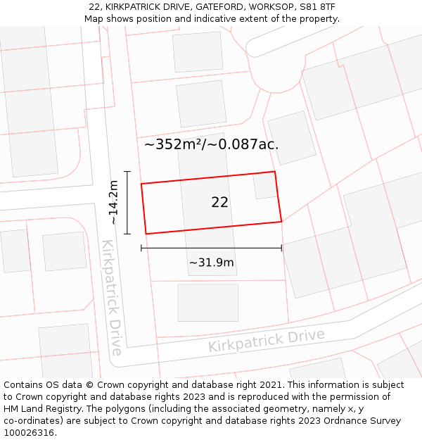 22, KIRKPATRICK DRIVE, GATEFORD, WORKSOP, S81 8TF: Plot and title map