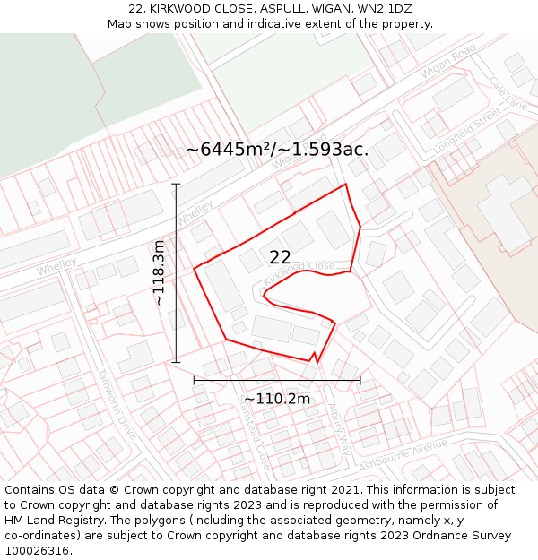 22, KIRKWOOD CLOSE, ASPULL, WIGAN, WN2 1DZ: Plot and title map