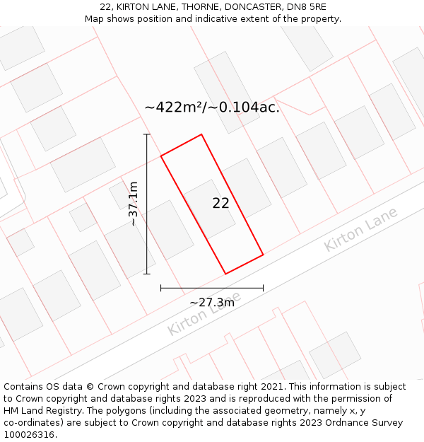22, KIRTON LANE, THORNE, DONCASTER, DN8 5RE: Plot and title map