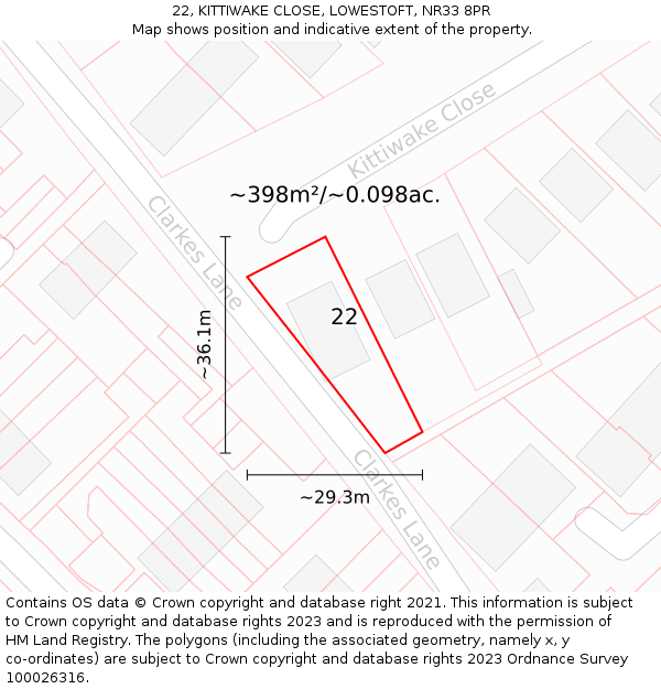22, KITTIWAKE CLOSE, LOWESTOFT, NR33 8PR: Plot and title map