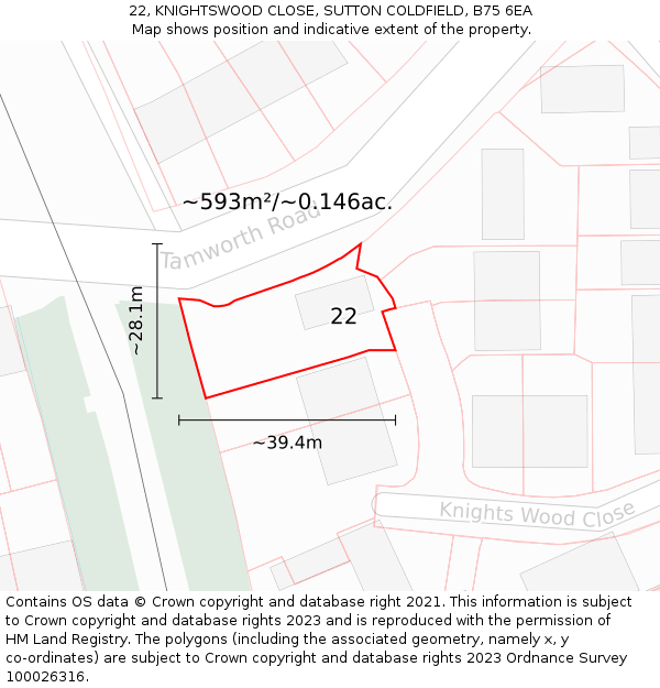 22, KNIGHTSWOOD CLOSE, SUTTON COLDFIELD, B75 6EA: Plot and title map