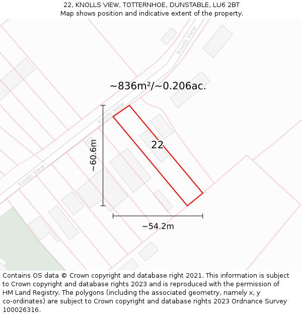 22, KNOLLS VIEW, TOTTERNHOE, DUNSTABLE, LU6 2BT: Plot and title map