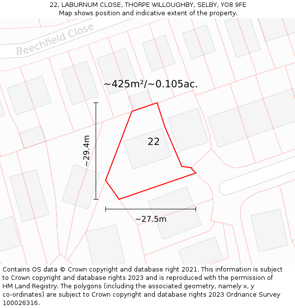 22, LABURNUM CLOSE, THORPE WILLOUGHBY, SELBY, YO8 9FE: Plot and title map