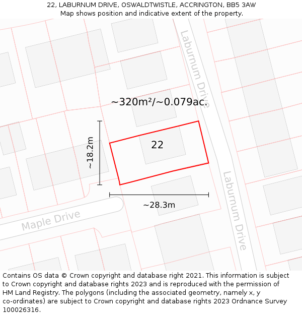 22, LABURNUM DRIVE, OSWALDTWISTLE, ACCRINGTON, BB5 3AW: Plot and title map