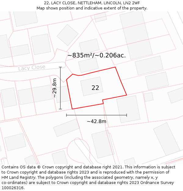 22, LACY CLOSE, NETTLEHAM, LINCOLN, LN2 2WF: Plot and title map