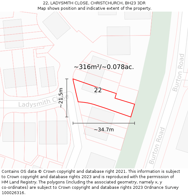 22, LADYSMITH CLOSE, CHRISTCHURCH, BH23 3DR: Plot and title map