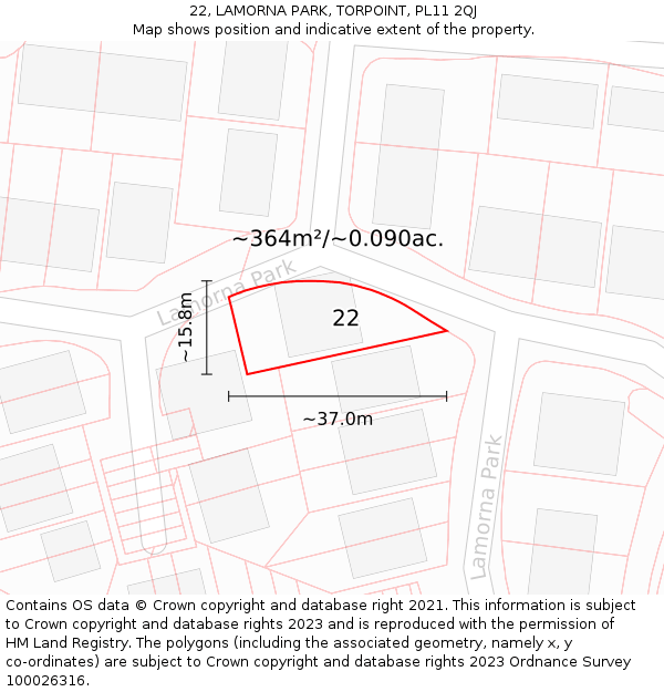 22, LAMORNA PARK, TORPOINT, PL11 2QJ: Plot and title map