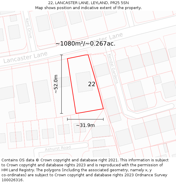 22, LANCASTER LANE, LEYLAND, PR25 5SN: Plot and title map