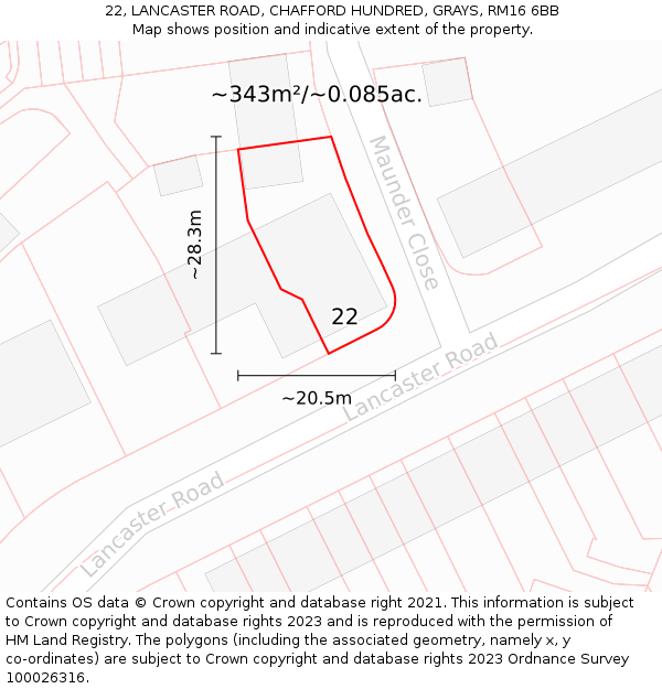 22, LANCASTER ROAD, CHAFFORD HUNDRED, GRAYS, RM16 6BB: Plot and title map