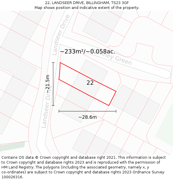 22, LANDSEER DRIVE, BILLINGHAM, TS23 3GF: Plot and title map