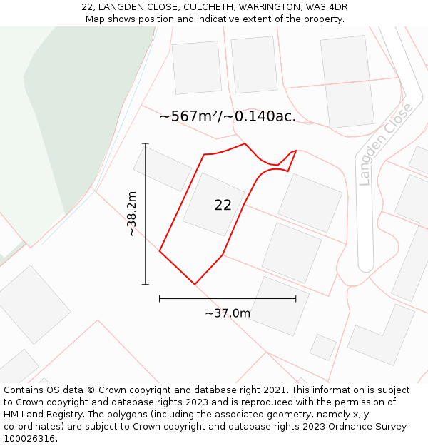 22, LANGDEN CLOSE, CULCHETH, WARRINGTON, WA3 4DR: Plot and title map