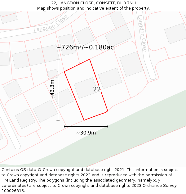 22, LANGDON CLOSE, CONSETT, DH8 7NH: Plot and title map