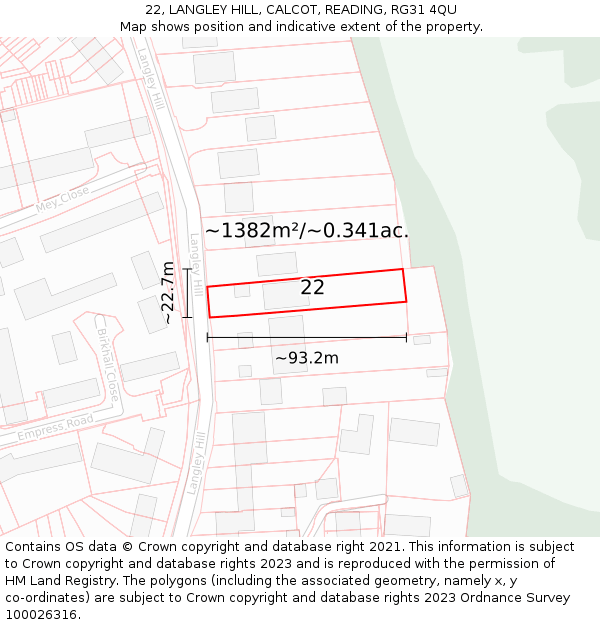 22, LANGLEY HILL, CALCOT, READING, RG31 4QU: Plot and title map