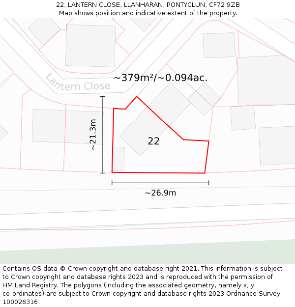 22, LANTERN CLOSE, LLANHARAN, PONTYCLUN, CF72 9ZB: Plot and title map