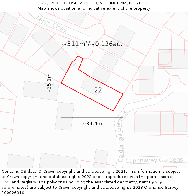 22, LARCH CLOSE, ARNOLD, NOTTINGHAM, NG5 8SB: Plot and title map