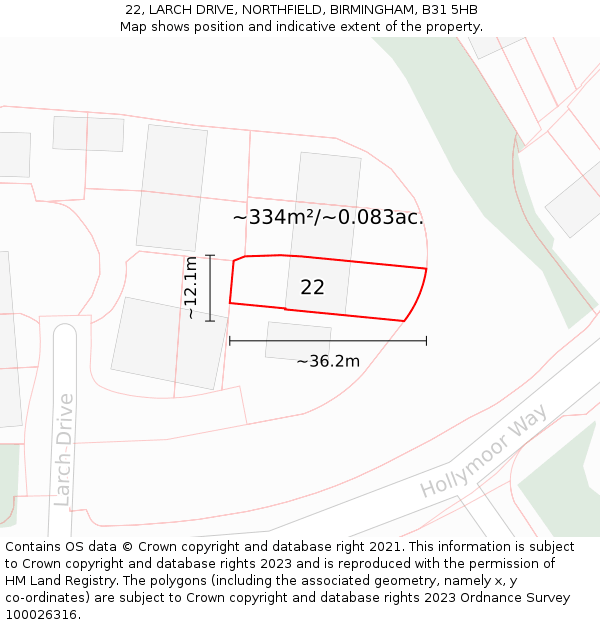 22, LARCH DRIVE, NORTHFIELD, BIRMINGHAM, B31 5HB: Plot and title map
