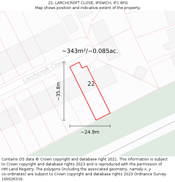 22, LARCHCROFT CLOSE, IPSWICH, IP1 6PG: Plot and title map