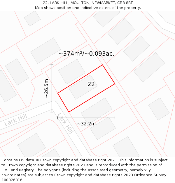 22, LARK HILL, MOULTON, NEWMARKET, CB8 8RT: Plot and title map
