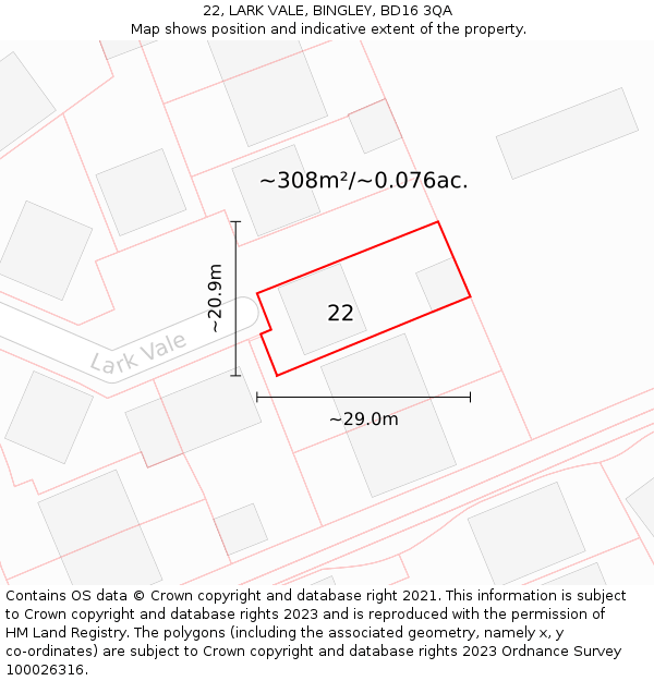 22, LARK VALE, BINGLEY, BD16 3QA: Plot and title map
