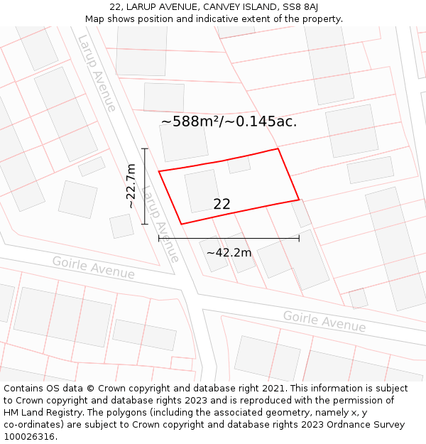 22, LARUP AVENUE, CANVEY ISLAND, SS8 8AJ: Plot and title map