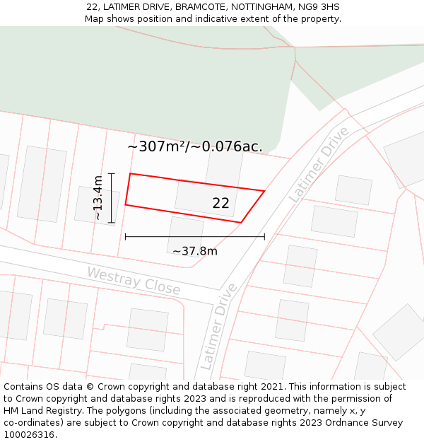 22, LATIMER DRIVE, BRAMCOTE, NOTTINGHAM, NG9 3HS: Plot and title map