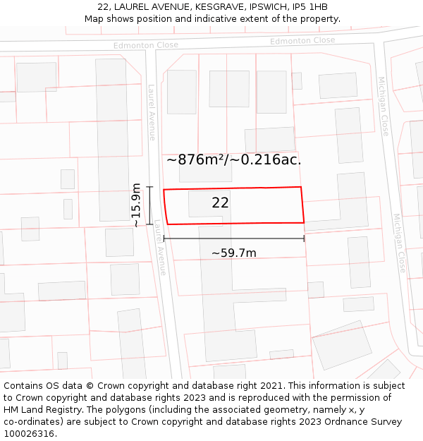 22, LAUREL AVENUE, KESGRAVE, IPSWICH, IP5 1HB: Plot and title map