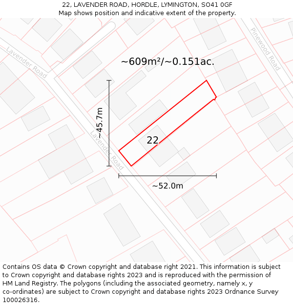 22, LAVENDER ROAD, HORDLE, LYMINGTON, SO41 0GF: Plot and title map