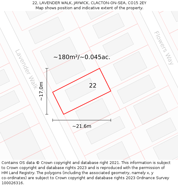 22, LAVENDER WALK, JAYWICK, CLACTON-ON-SEA, CO15 2EY: Plot and title map