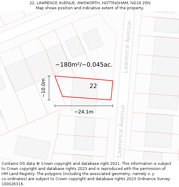 22, LAWRENCE AVENUE, AWSWORTH, NOTTINGHAM, NG16 2SN: Plot and title map