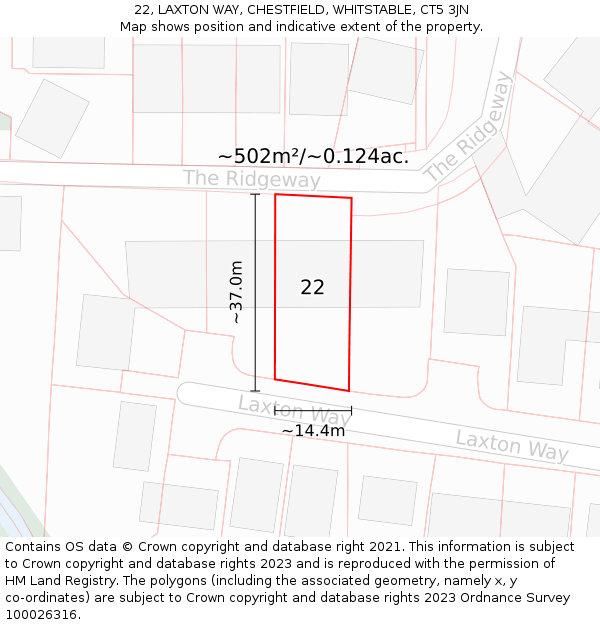 22, LAXTON WAY, CHESTFIELD, WHITSTABLE, CT5 3JN: Plot and title map