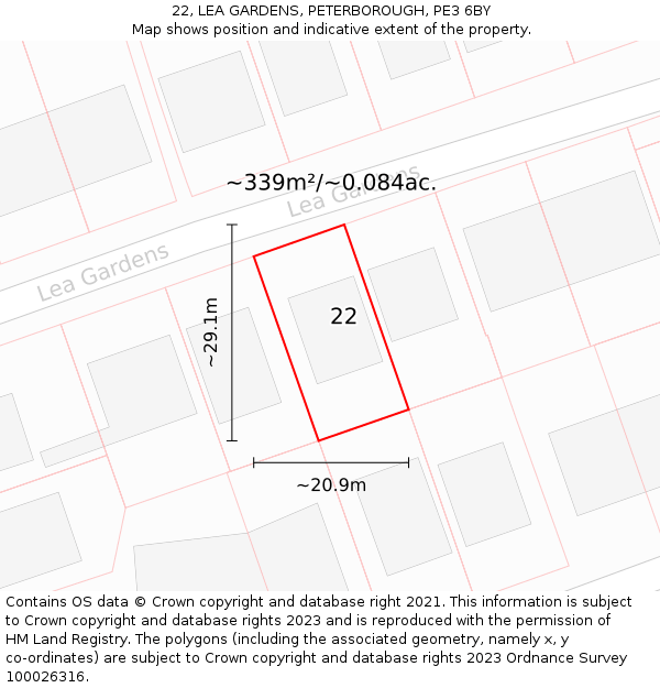 22, LEA GARDENS, PETERBOROUGH, PE3 6BY: Plot and title map