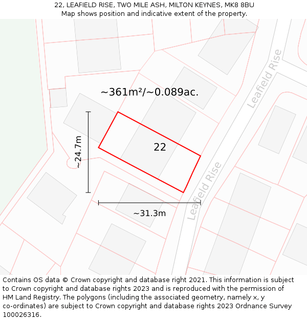 22, LEAFIELD RISE, TWO MILE ASH, MILTON KEYNES, MK8 8BU: Plot and title map