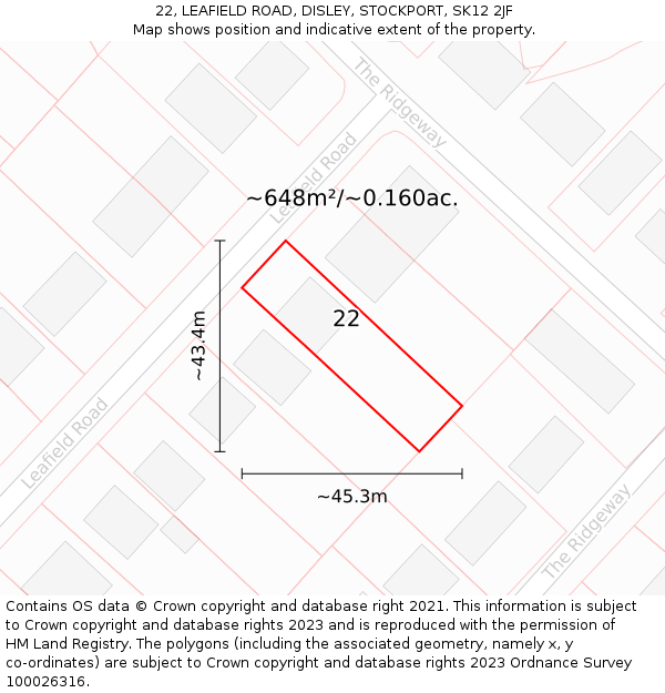 22, LEAFIELD ROAD, DISLEY, STOCKPORT, SK12 2JF: Plot and title map